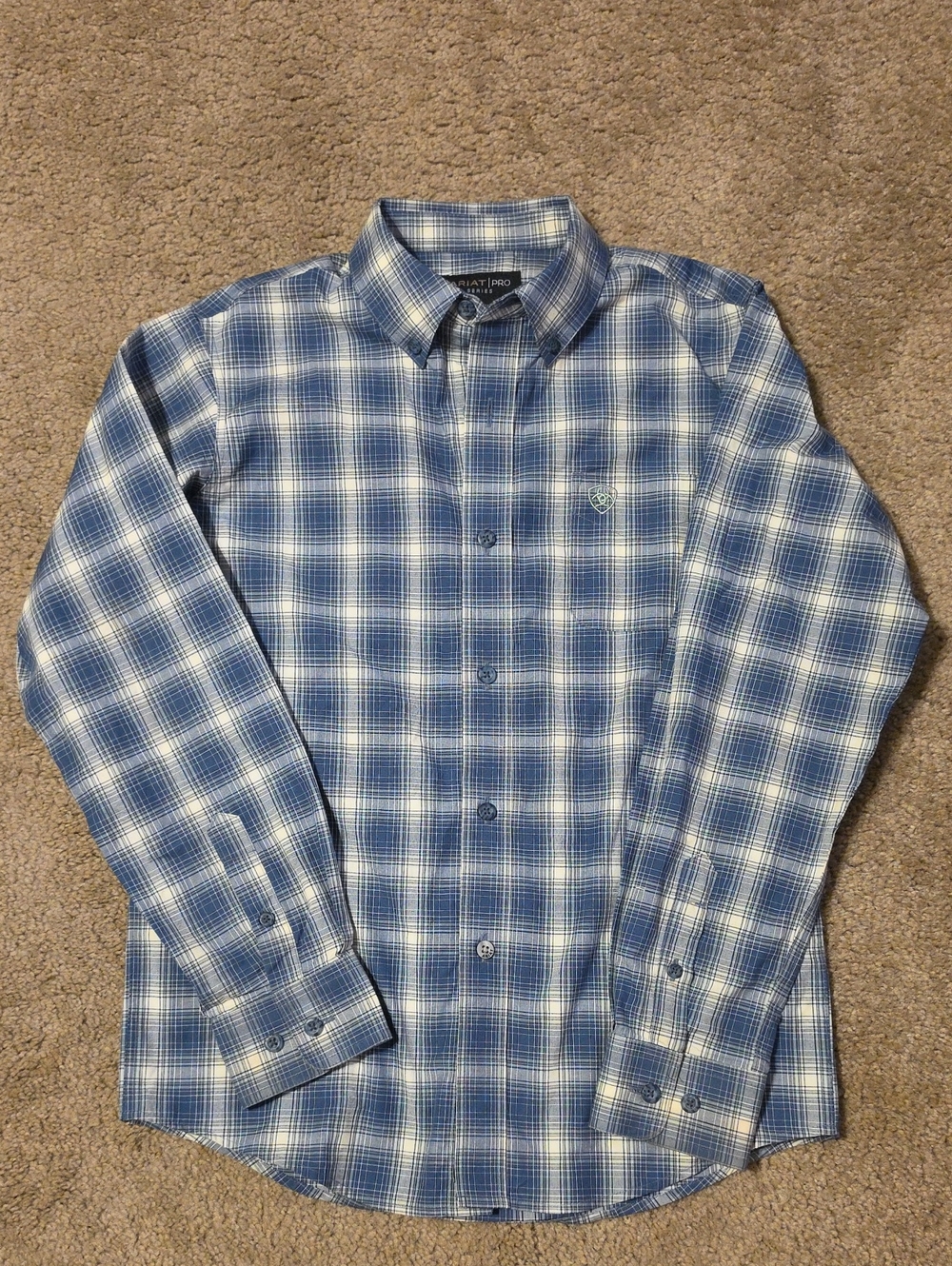Ariat Boys Pro Scottie Blue and White Plaid Long-Sleeve Button Down Shirt